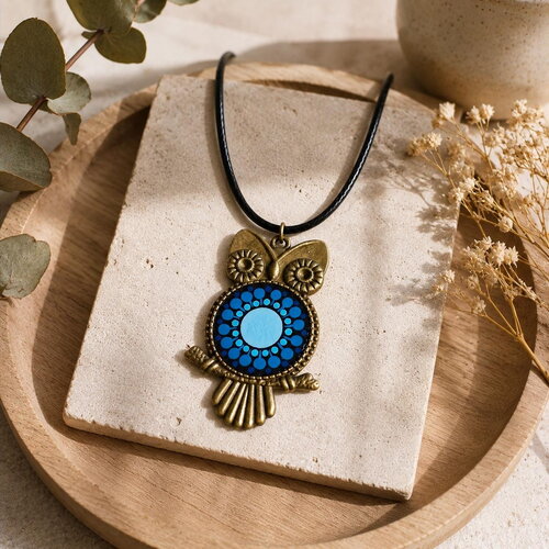 Collier hibou bronze avec mandala coloré – peint à la main