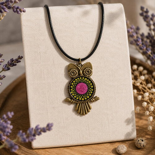 Collier hibou bronze avec mandala peint à la main – pièce unique