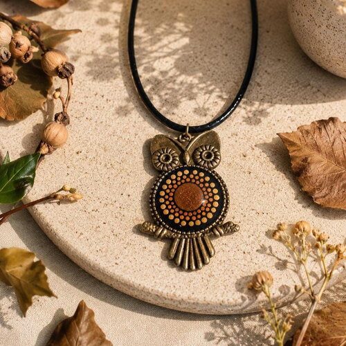Collier hibou bronze avec mandala – peint à la main – bijou unique