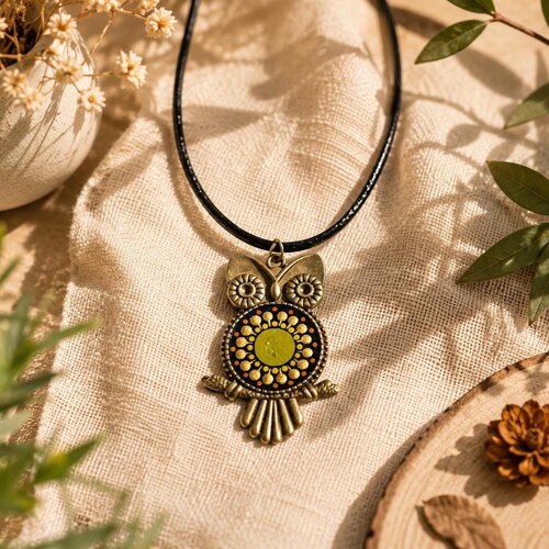 Collier hibou bronze avec mandala peint à la main – bijou artisanal