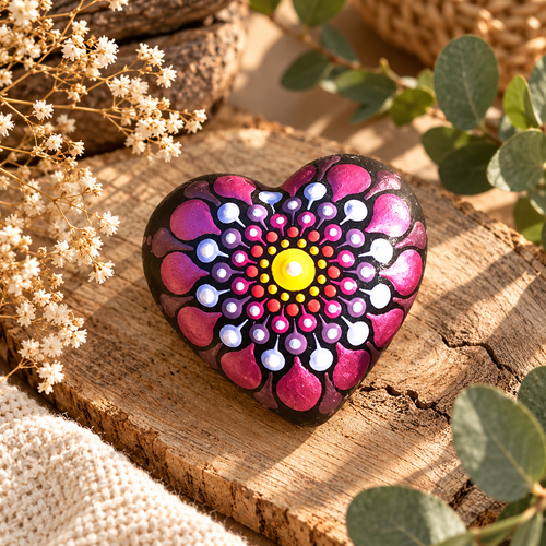 Petite pierre cœur mandala orange, bleu & fuchsia métallisé – peinte à la main