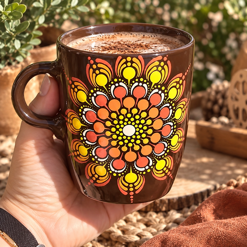 Mug en céramique peint à la main – mandala orange et jaune