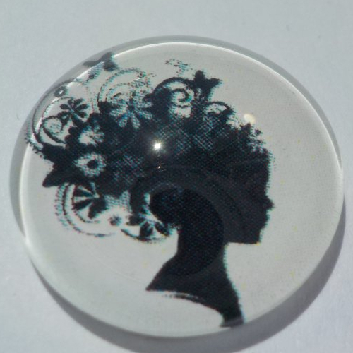 Cabochon avec son image de femme, noir, blanc, verre, rond, 18 mm
