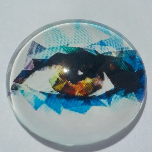 Cabochon avec son image d'oeil, bleu et marron, en verre, rond, 18 mm