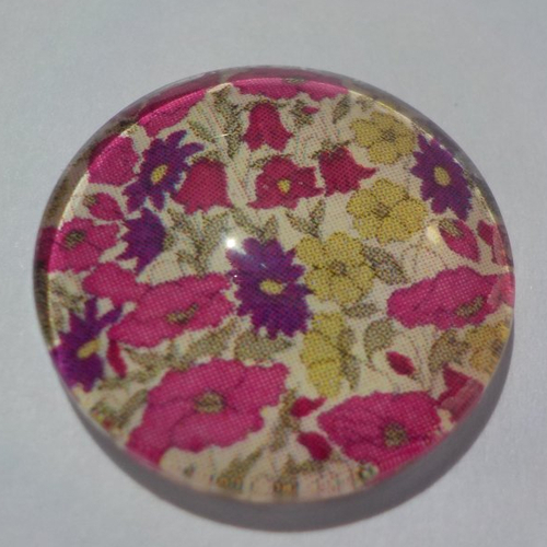 Cabochon avec son image de fleur liberty, rose, violet, en verre, rond, 18 mm, rose,