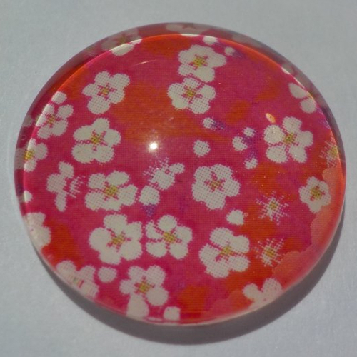 Cabochon avec son image de fleur liberty, rose, blanc, en verre, rond, 18 mm, rose,