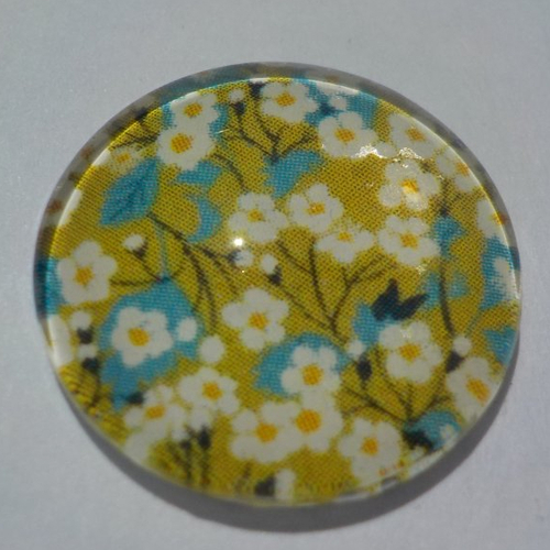 Cabochon avec son image de fleur liberty, vert, blanc, bleu,en verre, rond, 18 mm,