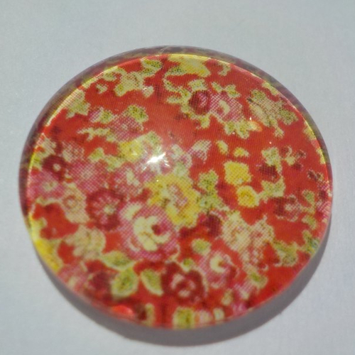 Cabochon avec son image de fleur liberty, rouge, multicolore, en verre, rond, 20 mm