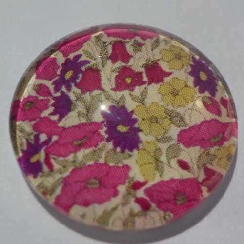 Cabochon avec son image de fleur liberty, rose, violet, multicolore, en verre, rond, 20 mm