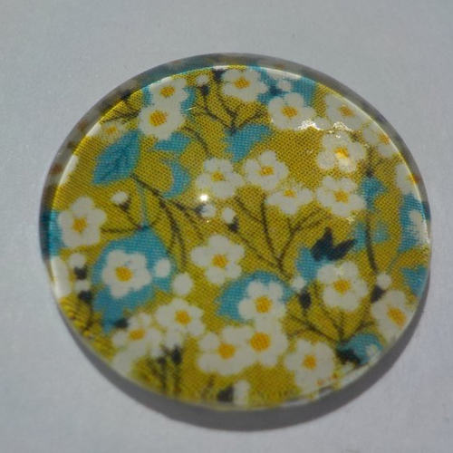 Cabochon avec son image de fleur liberty, blanc, vert, multicolore, en verre, rond, 20 mm
