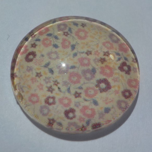 Cabochon avec son image de fleur liberty, beige, blanc, en verre, rond, 20 mm