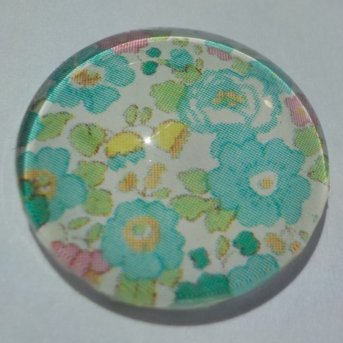 Cabochon avec son image de fleur liberty, turquoise, en verre, rond, 20 mm