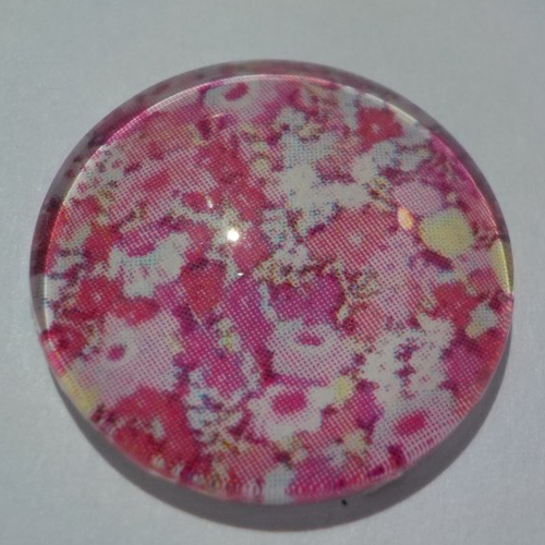 Cabochon avec son image de fleur liberty,rose, en verre, rond, 20 mm