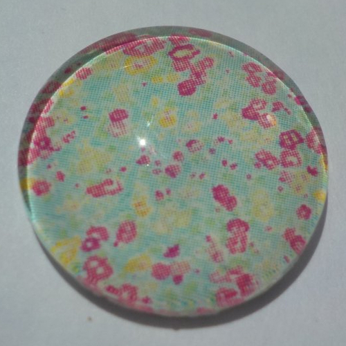 Cabochon avec son image de fleur liberty,rose, vert, en verre, rond, 20 mm