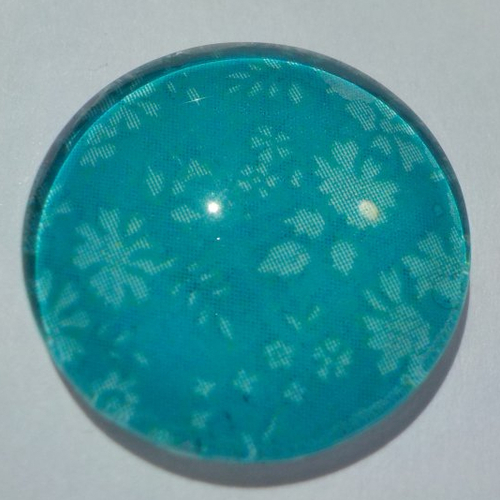 Cabochon avec son image de fleur liberty, turquoise, vert, en verre, rond, 20 mm