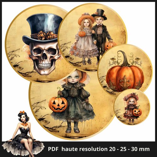 Planche images cercles rondes halloween imprimables feuille cabochon 20 - 25 - 30mm envoi mail
