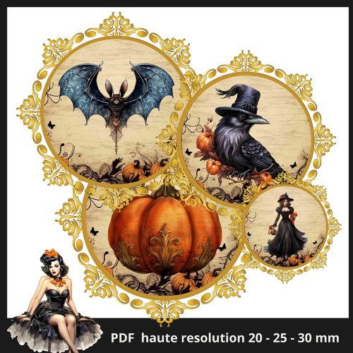 Planche images cercles rondes halloween imprimables feuille cabochon 20 - 25 - 30mm envoi mail