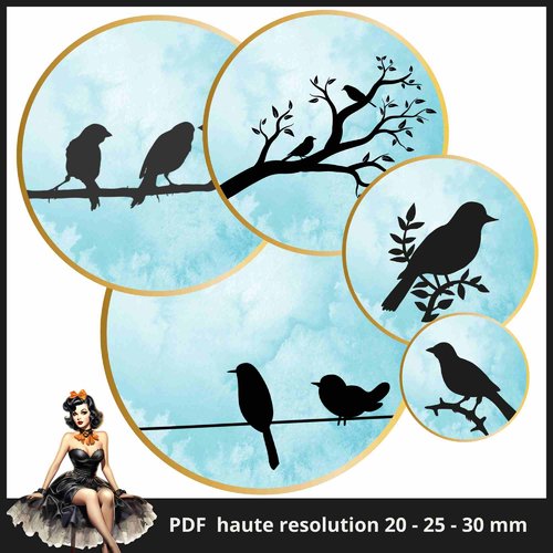 Planche images cercles rondes oiseaux imprimables feuille cabochon 20 - 25 - 30mm envoi mail