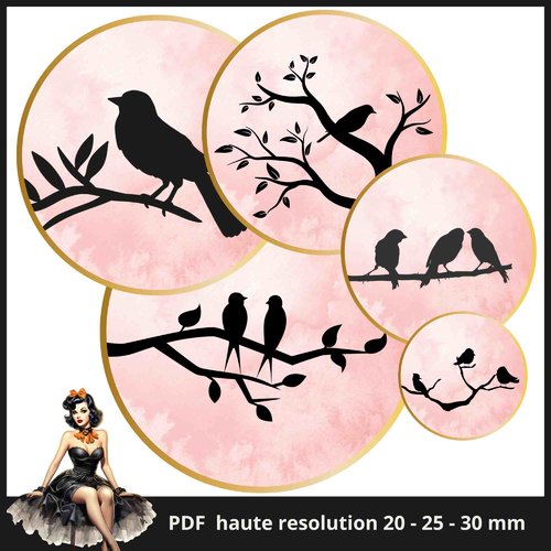 Planche images cercles rondes oiseaux imprimables feuille cabochon 20 - 25 - 30mm envoi mail