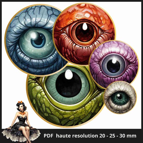 Planche images cercles rondes halloween yeux imprimables feuille cabochon 20 - 25 - 30mm envoi mail
