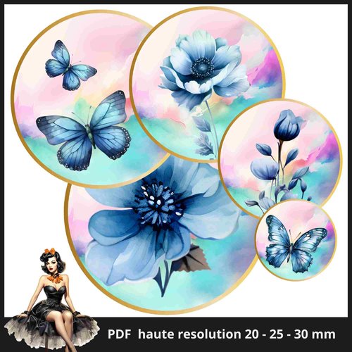 Planche images cercles rondes papillons bleus imprimables feuille cabochon 20 - 25 - 30mm envoi mail