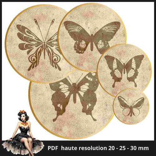 Planche images cercles rondes papillons vintage imprimables feuille cabochon 20 - 25 - 30mm envoi mail