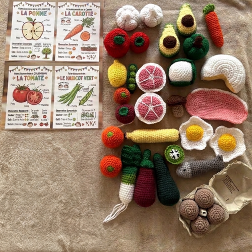 Maxi dinette montessori au crochet – fruits, légumes, œufs, viande, poisson et fiches éducatives – jeu d'imitation enfant fait main