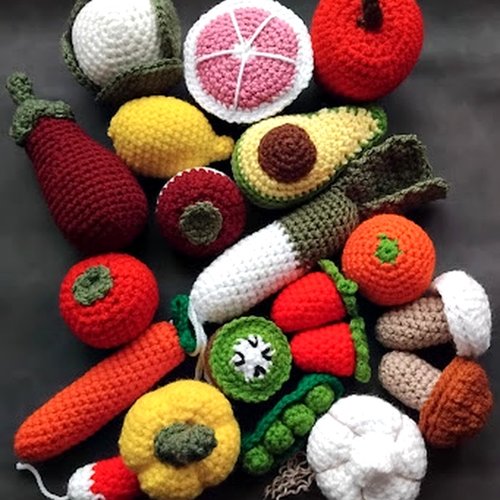 Jouet crochet dinette complète – fruits et légumes au crochet, cuisine enfant, jeu imitation montessori, nourriture