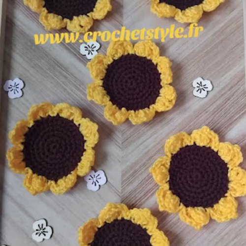 Lot de 6 sous-verres tournesol crochet fait main – déco table bohème, idée cadeau maison, dessous de verre fleur
