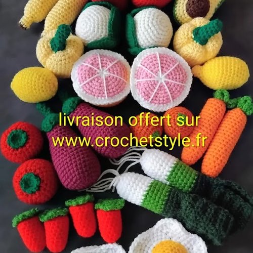Jouet crochet dinette complète – fruits et légumes au crochet, cuisine enfant, jeu imitation montessori, nourriture