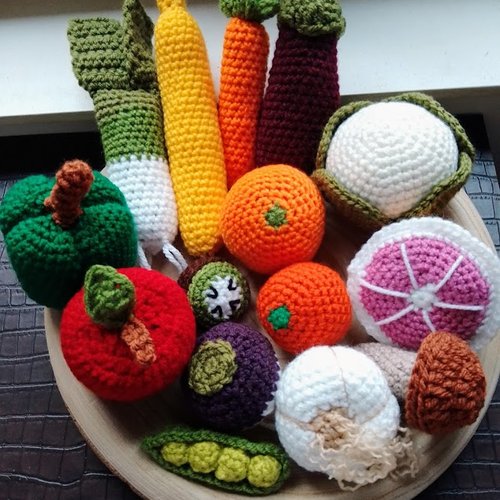 Lot de fruits et légumes au crochet dinette jouet lavable, made in france, fait main