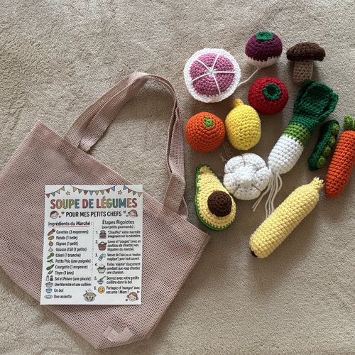 Fruits et légumes au crochet montessori avec sac de marché et fiche recette – dinette éducative enfant – jeu d'imitation fait main