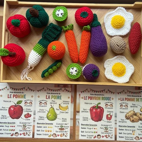 Maxi coffret dinette au crochet avec fiches éducatives montessori – fruits, légumes et aliments faits main