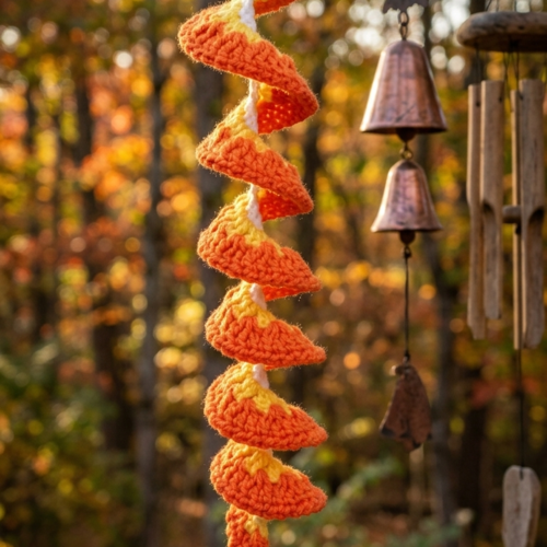 Spirale à vent au crochet blanc, jaune et orange – 58 cm
