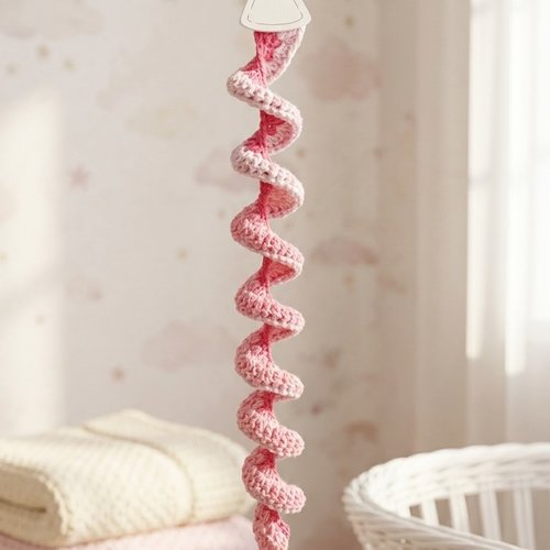 Spirale à vent au crochet rose – suspension poétique fait main avec ange en bois (63 cm)