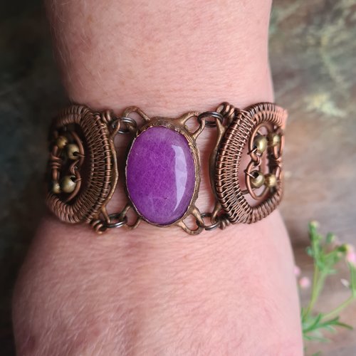 Bracelet manchette en cuivre patiné et agate violette « mystère d’améthyste » – fait main