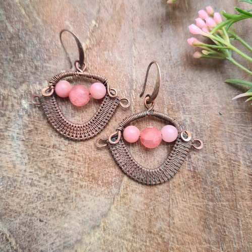 Boucles d’oreilles en cuivre patiné et agate rose « rosée rose » – fait main