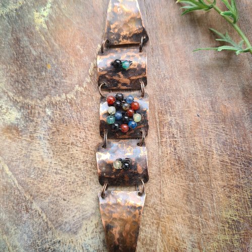 Bracelet manchette en cuivre patiné et pierres naturelles multicolores « mosaïque alchimique »