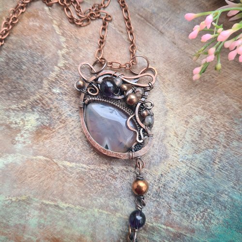 Collier en cuivre patiné, agate et hématite – symphonie lunaire – pièce unique