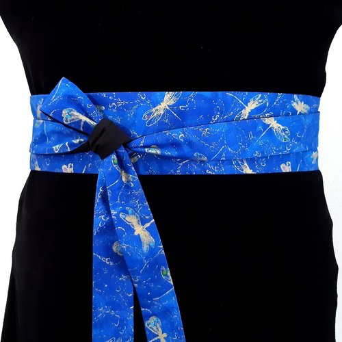 Ceinture obi bleue tissu libellules dorées ceinture japonaise ceinture à nouer accessoire femme