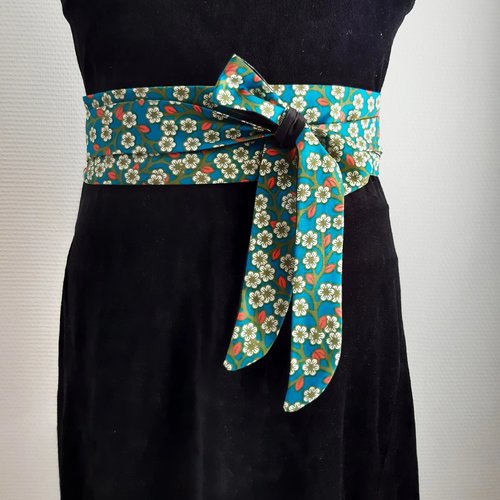 Ceinture obi bleu blanc tissu fleurs ceinture japonaise accessoire femme