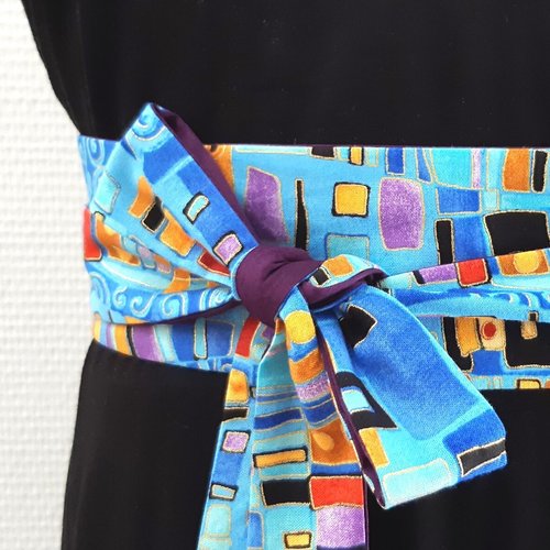 Ceinture obi bleu dorures tissu graphique ceinture japonaise ceinture à nouer