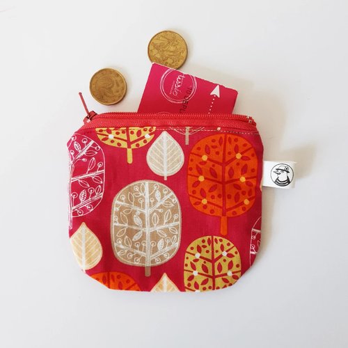 Porte-monnaie trousse tissu rouge feuilles graphiques accessoire courses