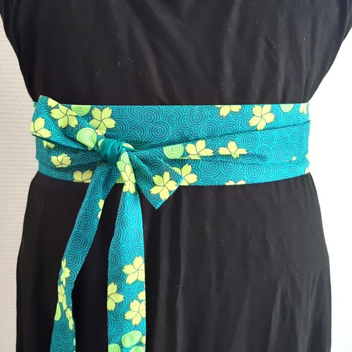 Ceinture obi bleue verte tissu fleurs ceinture japonaise accessoire femme