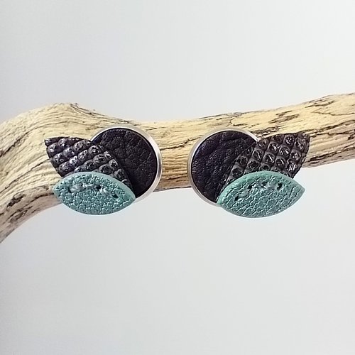 Boucles d'oreilles en cuir "pétales de lune" turquoise violet et argent, puces en cuir et acier inox argenté faites main