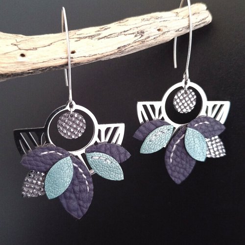 Boucles d'oreilles "jungle" en cuir violet turquoise argenté et acier inox, boucles d'oreilles géométriques argentées à longs crochets