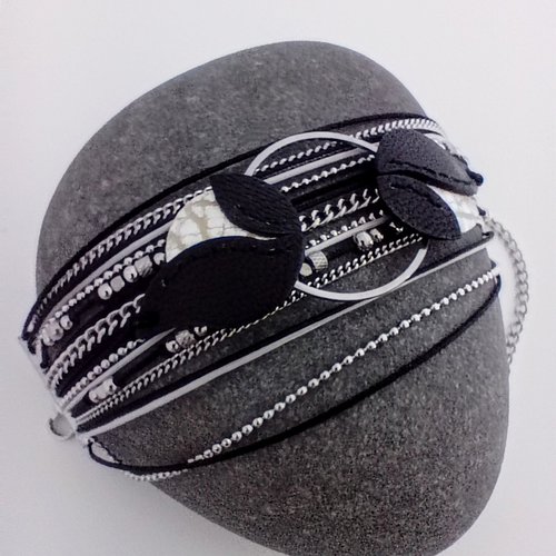 Bracelet multirang noir et argenté en cuir chaînes et perles pour femme, bracelet multiple large avec anneau