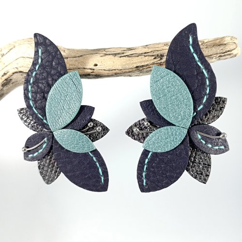 Boucles d'oreilles "lys" en cuir violet turquoise et argenté - esprit floral - bijou original en cuir fait main