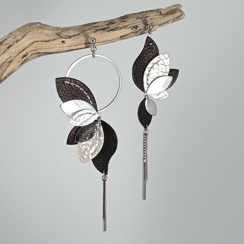 Boucles d'oreilles "écho de cuir" noir et argenté, boucles d'oreilles asymétriques en cuir véritable et acier inoxydable