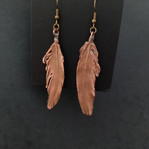 Boucles d’oreilles plume en cuivre – bijou nature unique fait main